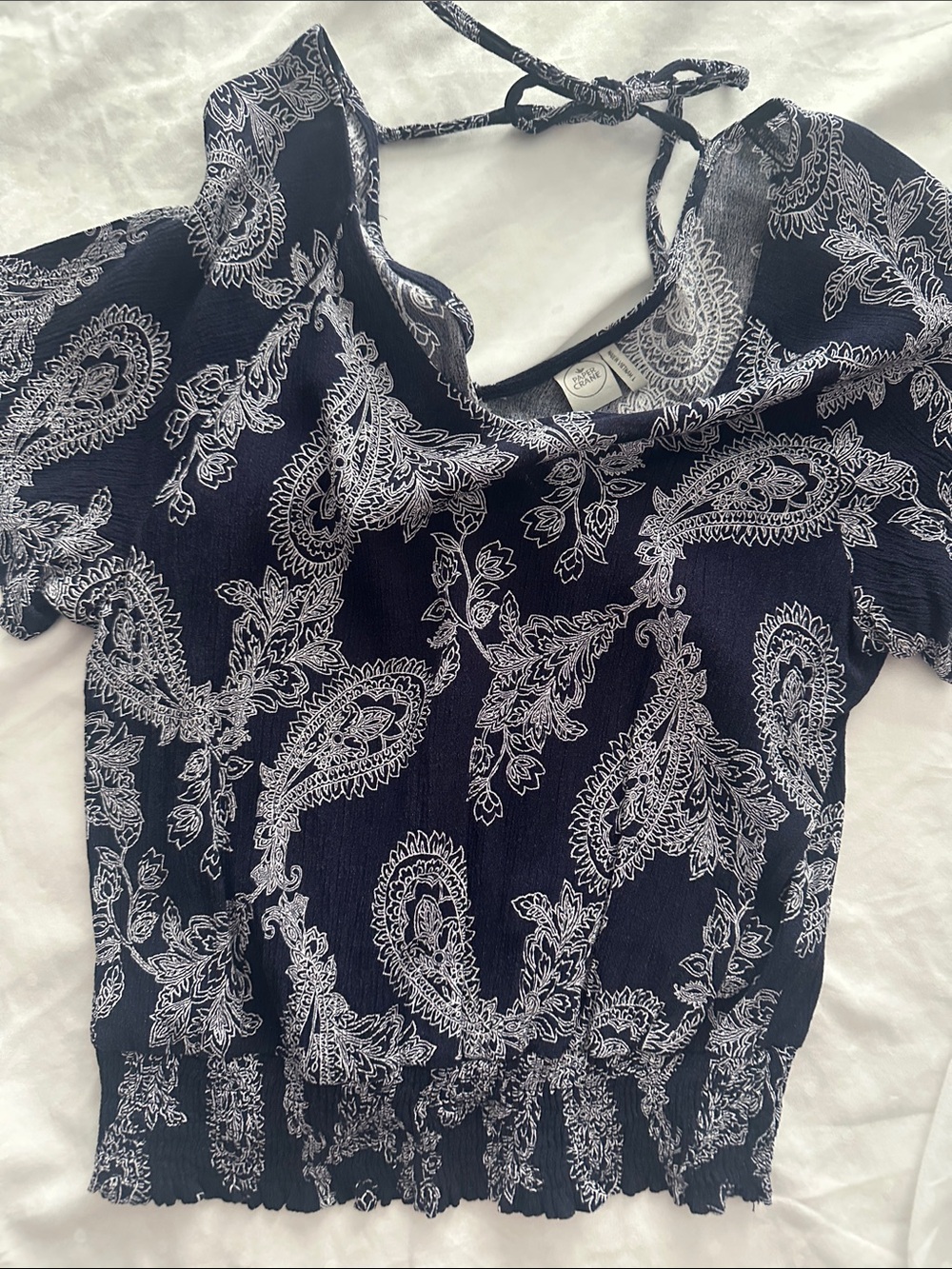 Paper Crane Navy Paisley Smocked Halter Crop Top